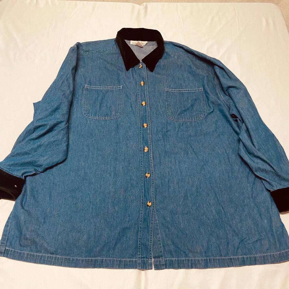 Silhouettes Blouse Top Shirt Denim Velvet Collar/Cuffs Long Sleeve Size 3X GUC